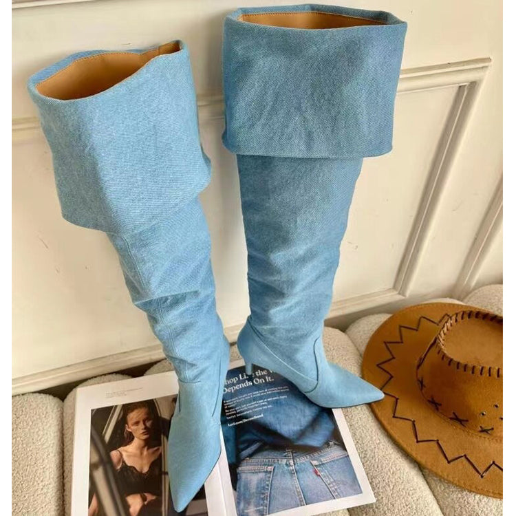 Denim wide calf over knee wrinkle boots