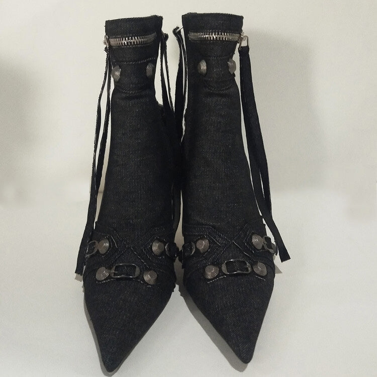 Women Rivets Denim Short Ankle Boots