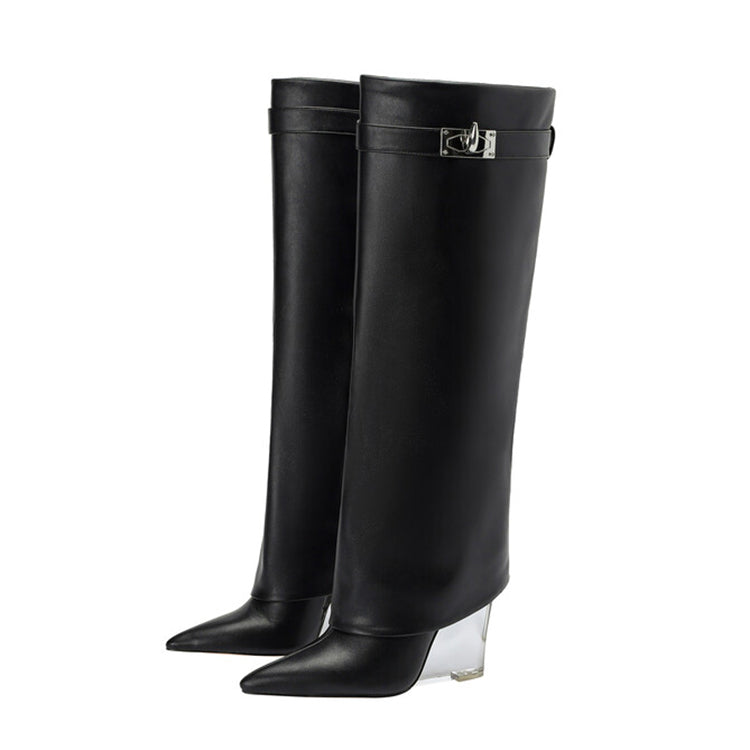 Matt Leather Knee High Trouser Clear Wedge Boots