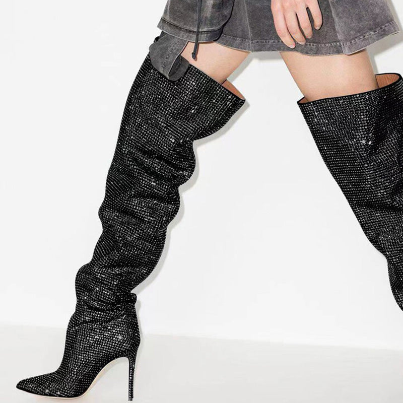 Pointed toe thigh high rhinestone boots
