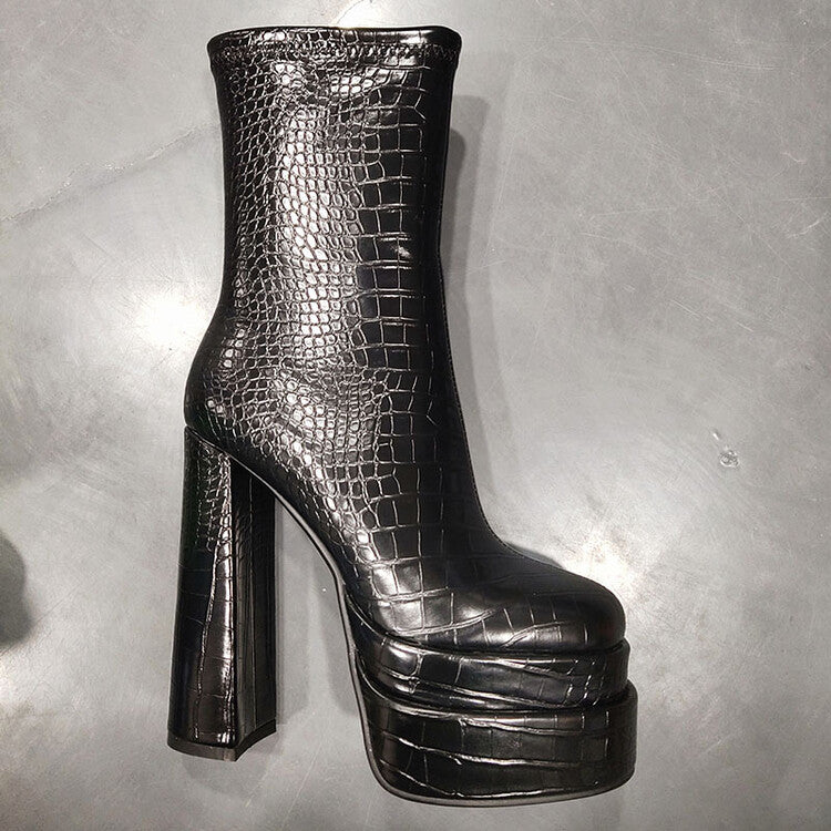 Croc Leather Platform Chunky Heel Women Zipper Boots