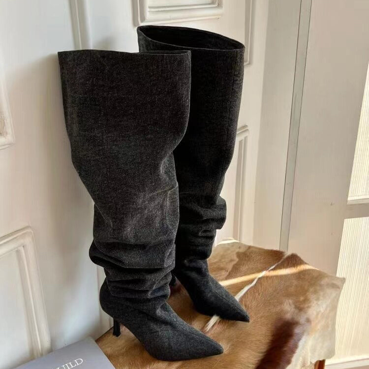 Denim wide calf over knee wrinkle boots