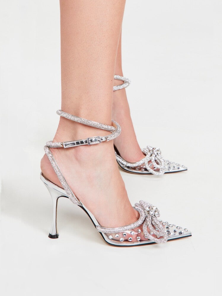 Crystals Bows PVC Metal Slingback Heels