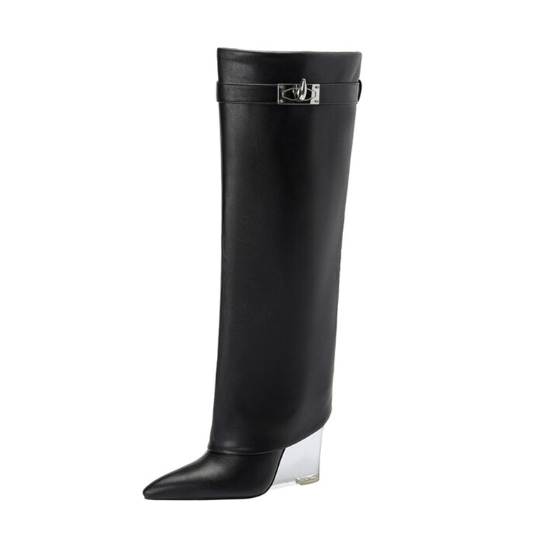 Matt Leather Knee High Trouser Clear Wedge Boots