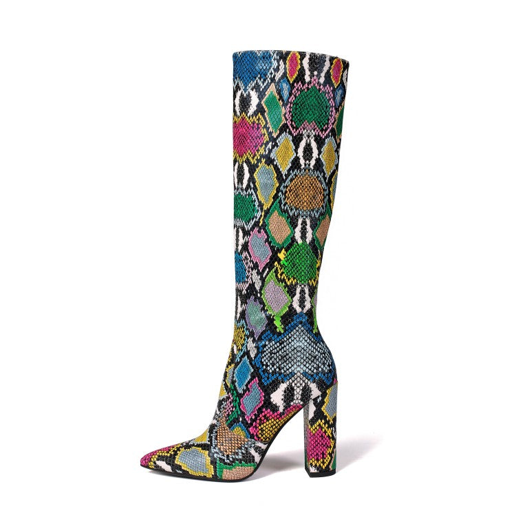 Snake pattern chunky heel boots