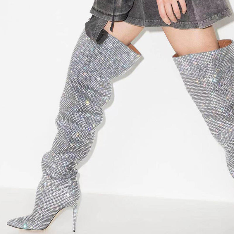 Pointed toe thigh high rhinestone boots