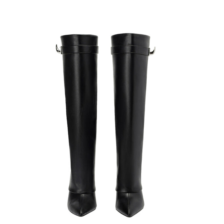Matt Leather Knee High Trouser Clear Wedge Boots
