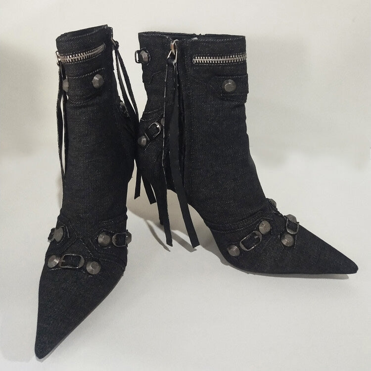 Women Rivets Denim Short Ankle Boots