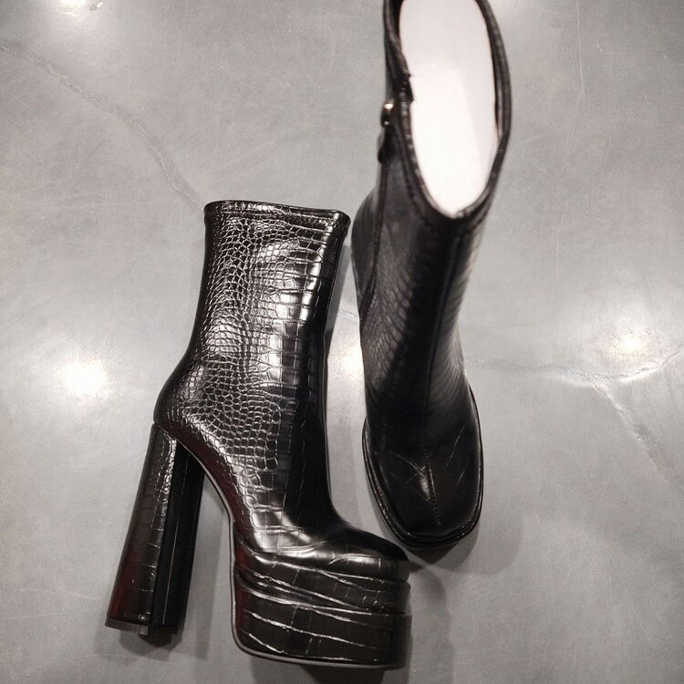 Croc Leather Platform Chunky Heel Women Zipper Boots
