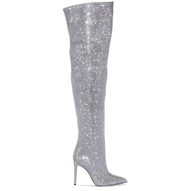 Pointed toe thigh high rhinestone boots