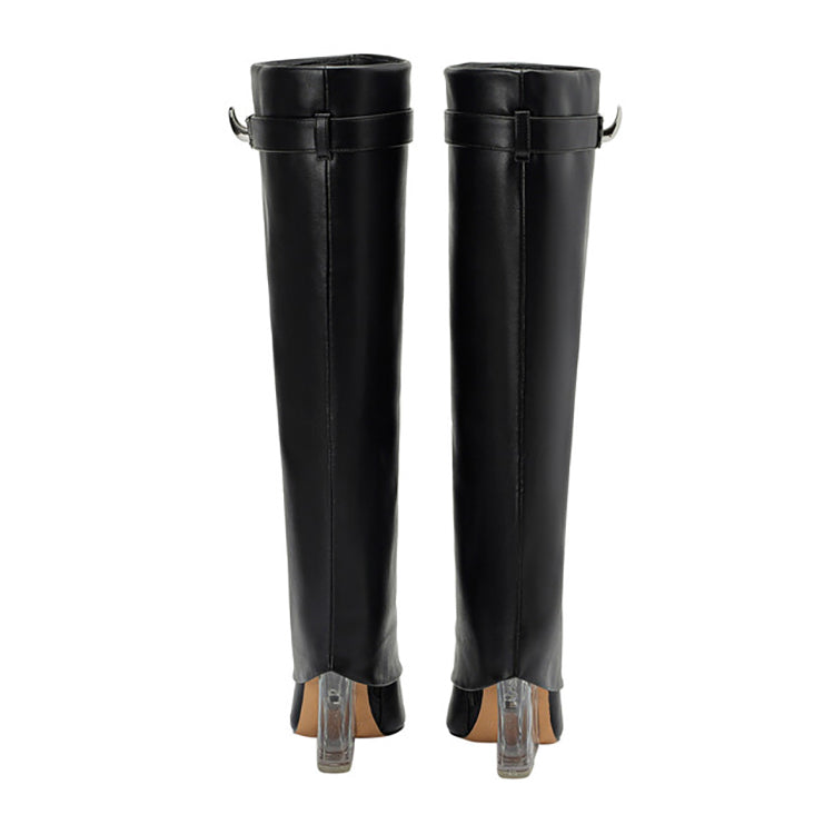 Matt Leather Knee High Trouser Clear Wedge Boots