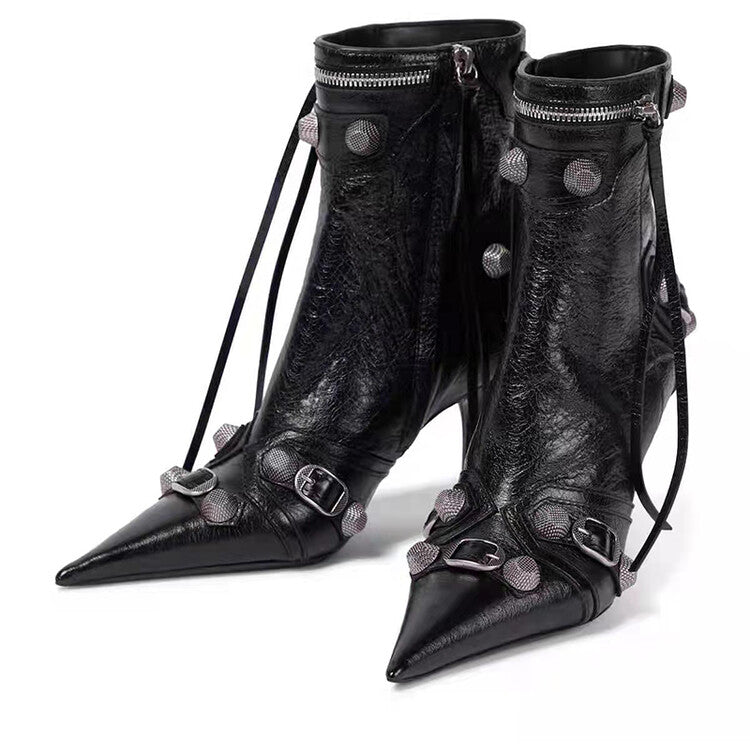 Women Rivets Leather Pointed Toe Ankle Boots