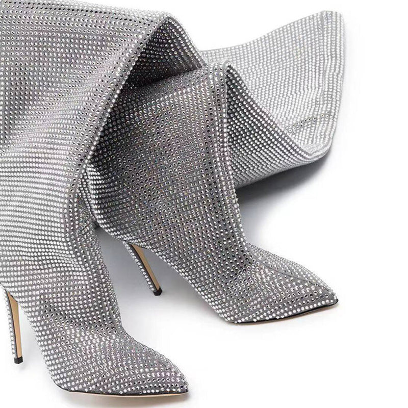 Pointed toe thigh high rhinestone boots