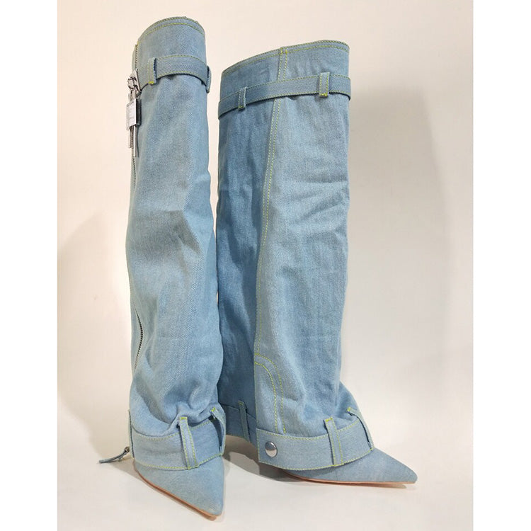 Trending Lock Denim Stiletto Heel Knee High Pants Boots