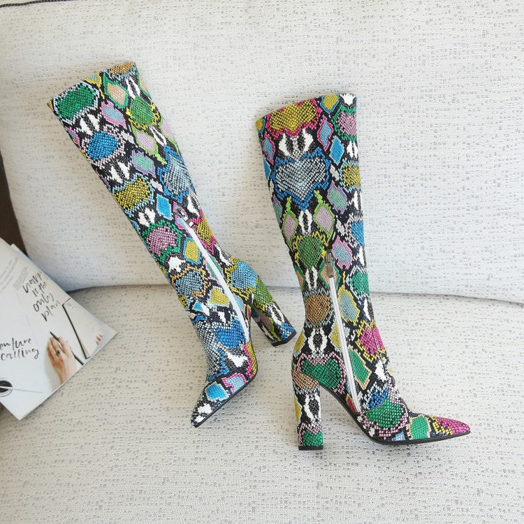 Snake pattern chunky heel boots