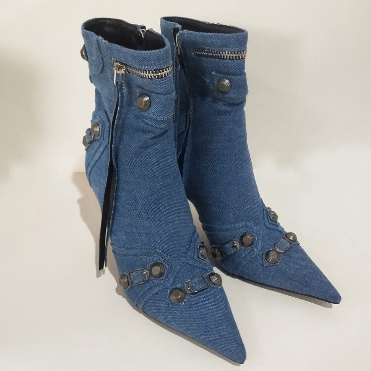 Women Rivets Denim Short Ankle Boots