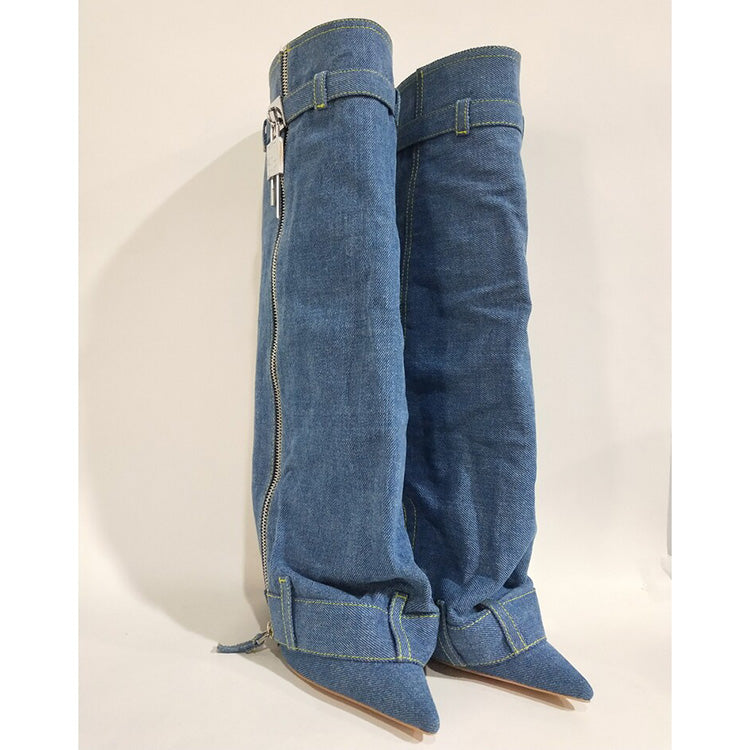 Trending Lock Denim Stiletto Heel Knee High Pants Boots