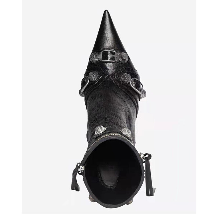 Women Rivets Leather Pointed Toe Ankle Boots
