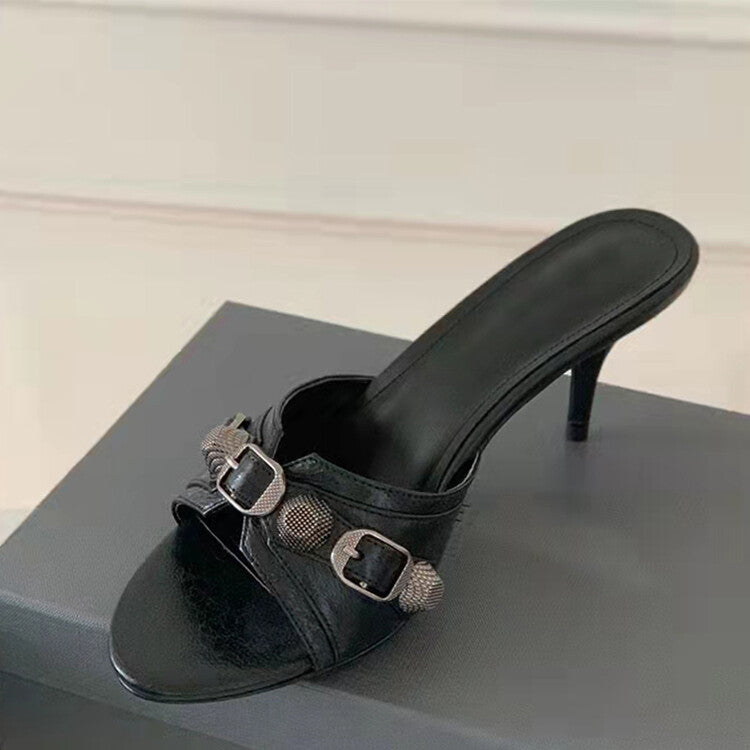 Fashion Rivets Leather Stiletto Heel Slippers