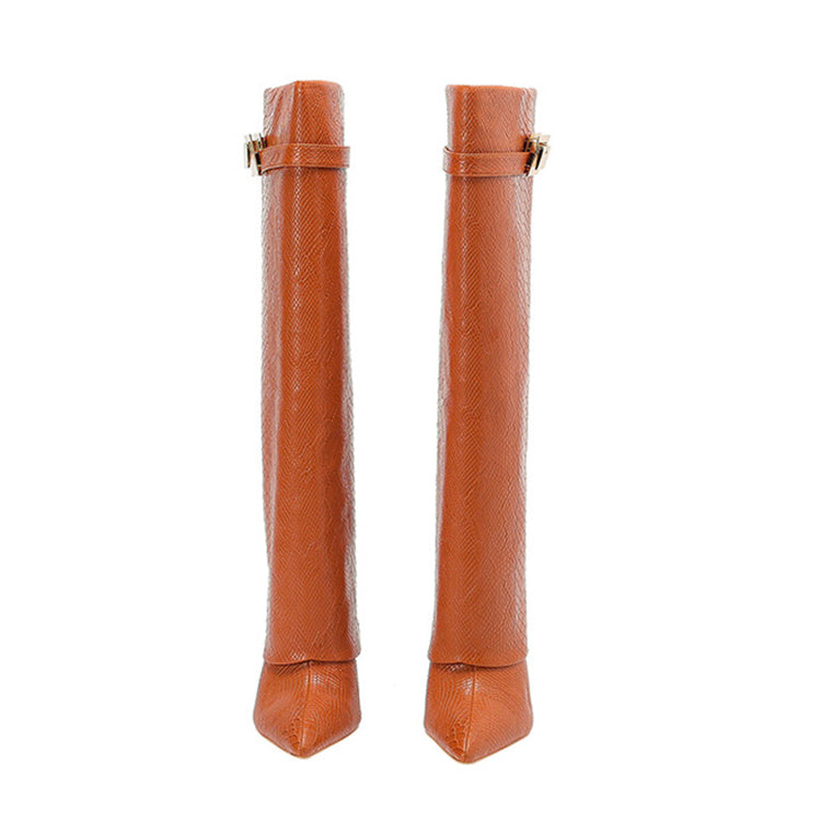 Snake Leather Knee High Trouser Wedge Boots