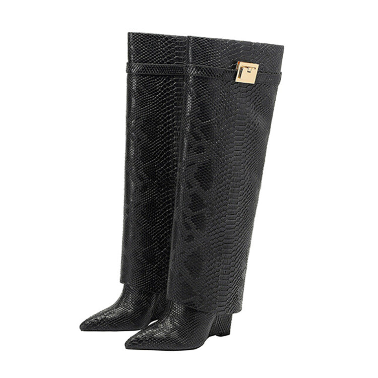 Snake Leather Knee High Trouser Wedge Boots