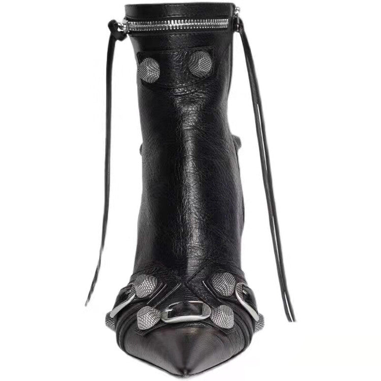 Women Rivets Leather Pointed Toe Ankle Boots
