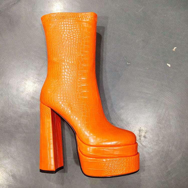 Croc Leather Platform Chunky Heel Women Zipper Boots