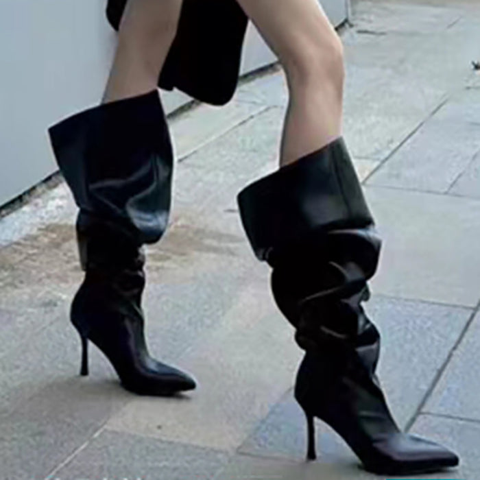 Denim wide calf over knee wrinkle boots