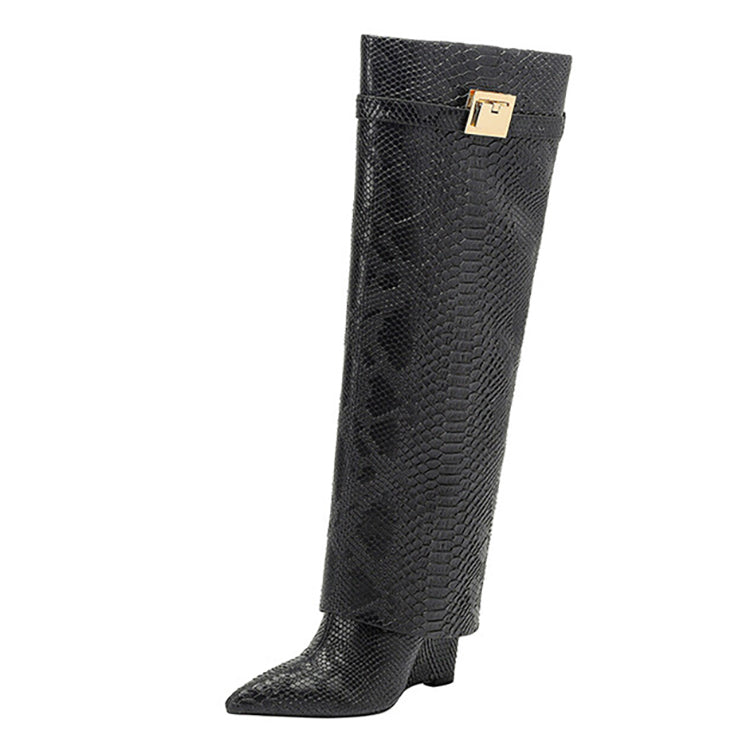 Snake Leather Knee High Trouser Wedge Boots