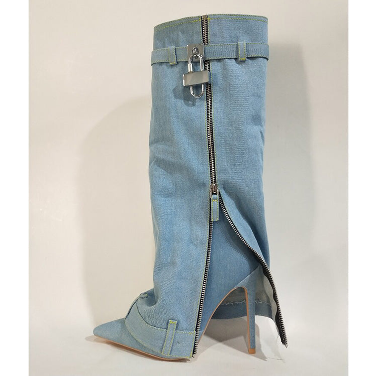 Trending Lock Denim Stiletto Heel Knee High Pants Boots