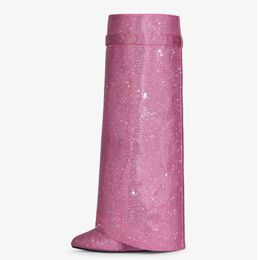 Rhinestones Knee High Crystals Trouser Wedge Boots For Women