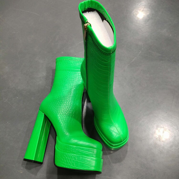 Croc Leather Platform Chunky Heel Women Zipper Boots