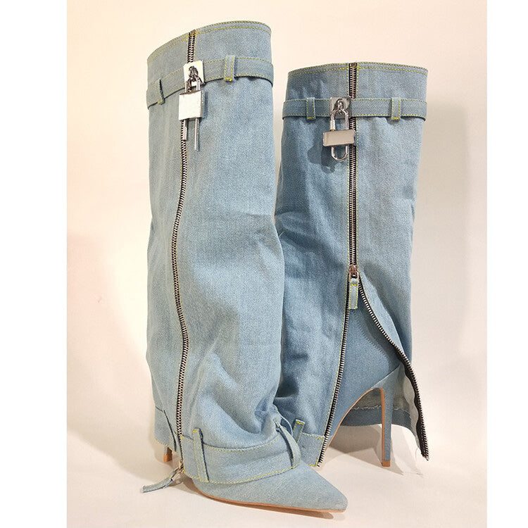 Trending Lock Denim Stiletto Heel Knee High Pants Boots