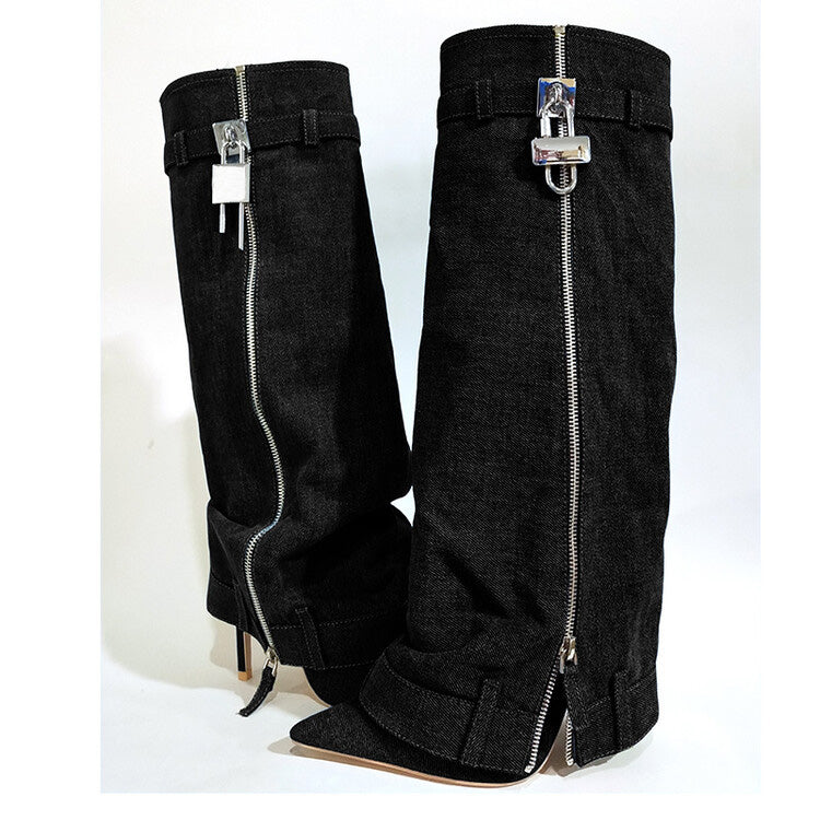 Trending Lock Denim Stiletto Heel Knee High Pants Boots