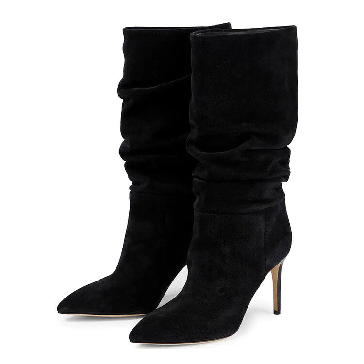 Suede Wrinkle Stiletto Heel Boots