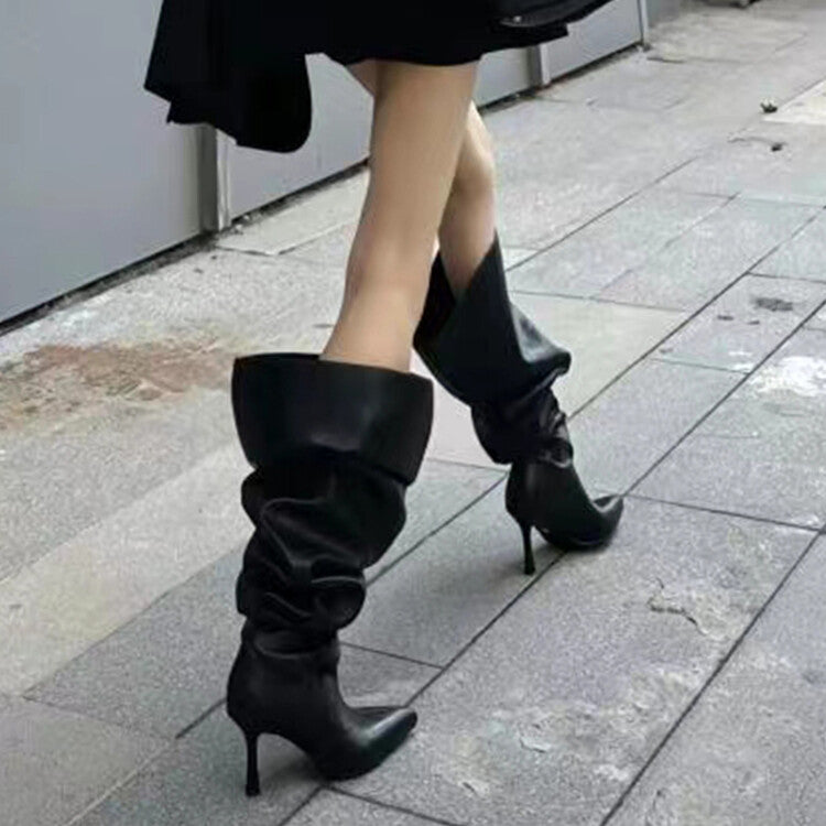 Denim wide calf over knee wrinkle boots