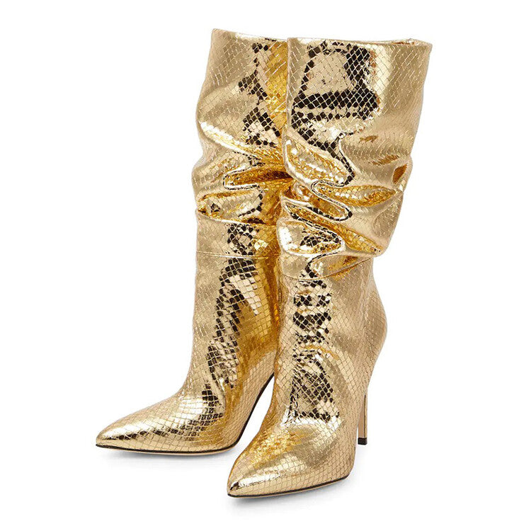 Snake Skin Wrinkle Stiletto Heel Boots