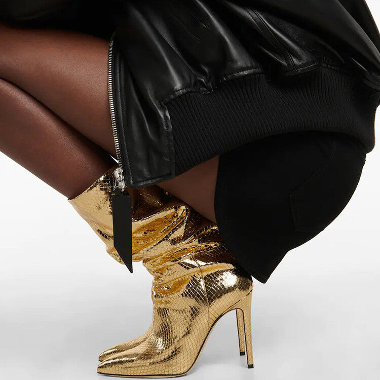 Snake Skin Wrinkle Stiletto Heel Boots