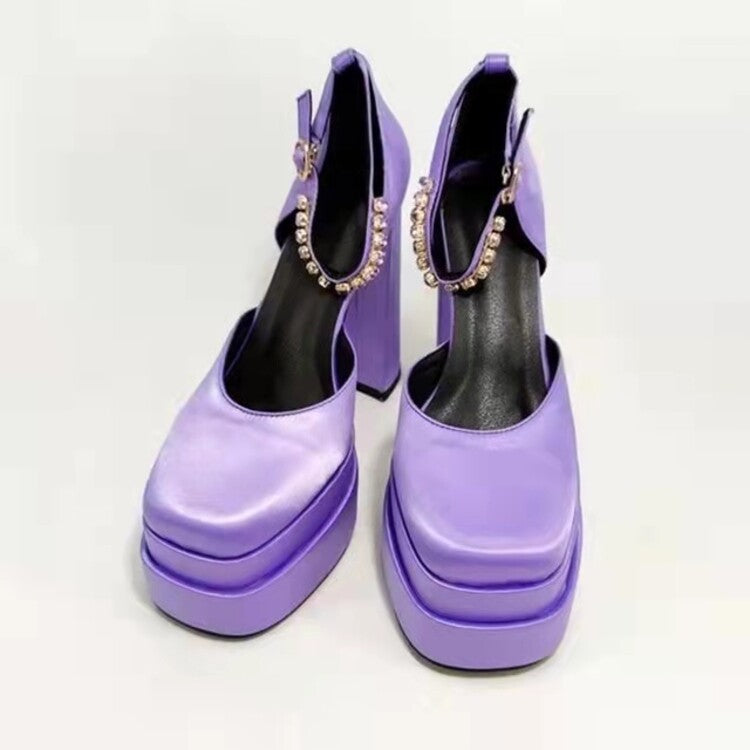 Satin Platform Square Toe Chunky Heel Sandals