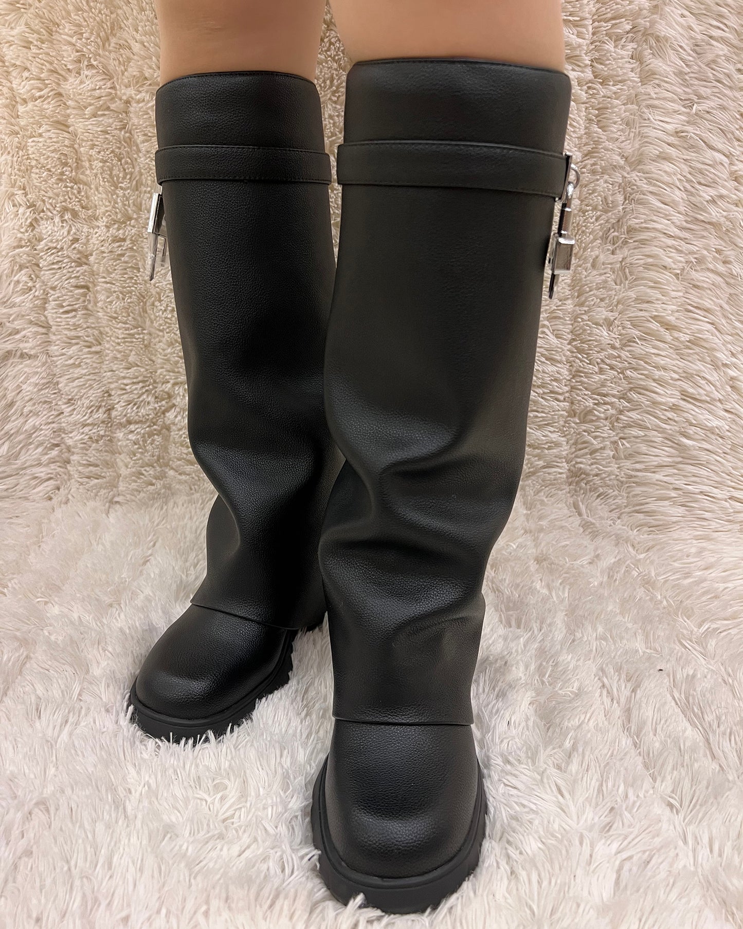 Wedge Leather Pants Lock Knee High Boots For Women