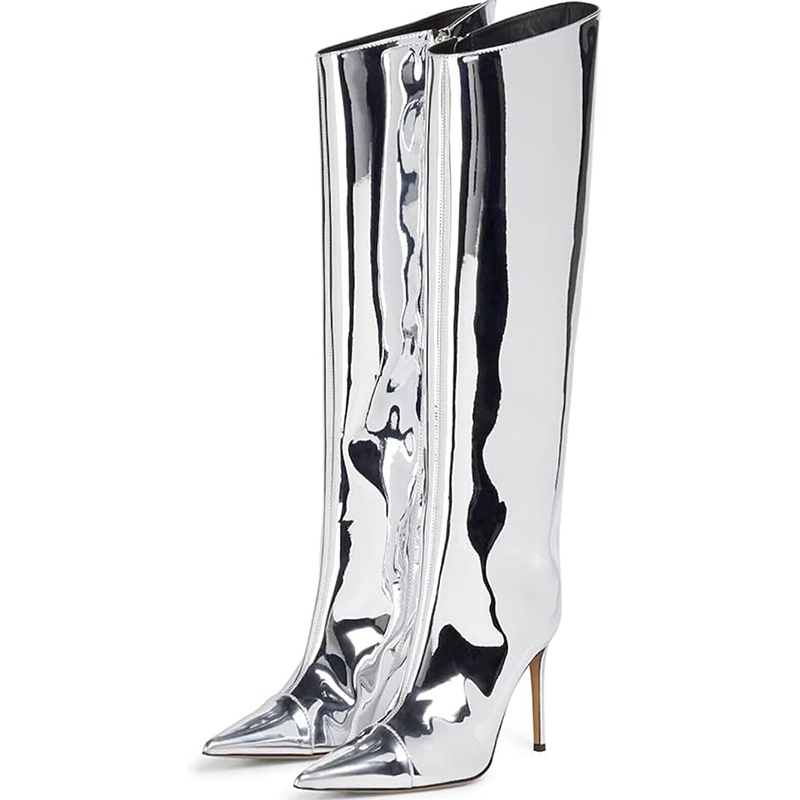Pointed toe metal silver stiletto heel knee boots