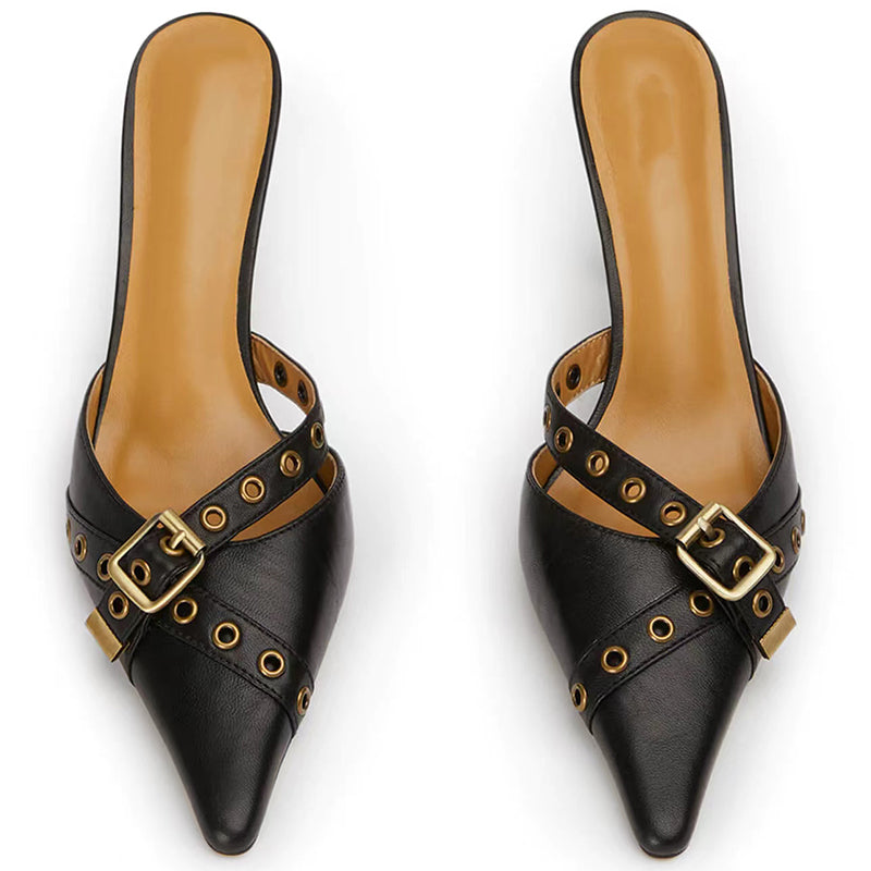 Matte leather pointed toe eyelet buckle mule heels slippers