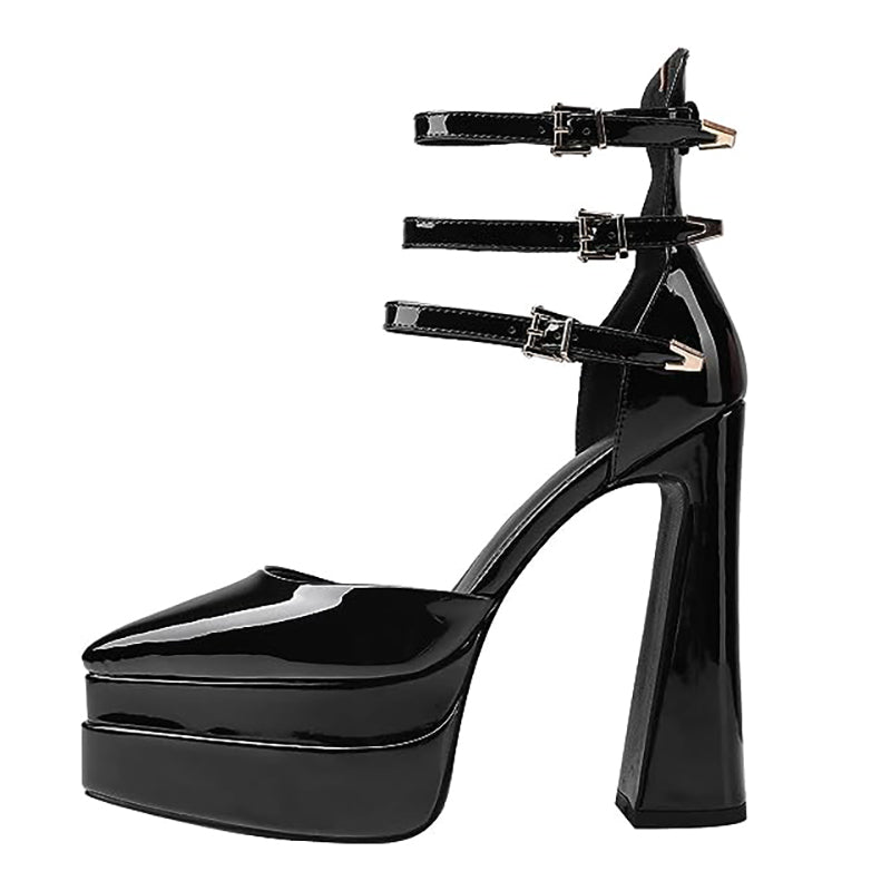 Platform Heels for Women Pointed Toe Chunky Buckle Pumps Shoes