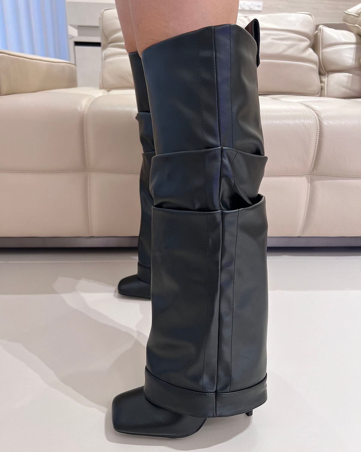 Square toe matte leather knee high thin heel boots for women