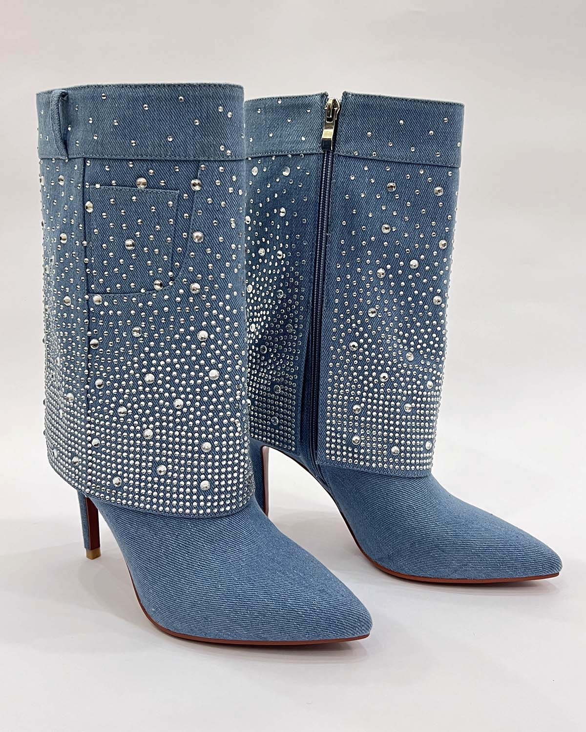 Denim mid-calf rhinestone boots for women