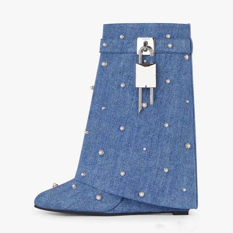 Denim Pearls Wedge Pants Ankle Boots