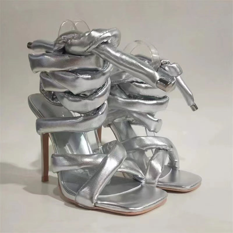 Metal Silver Thick Strap Lace Up Heels