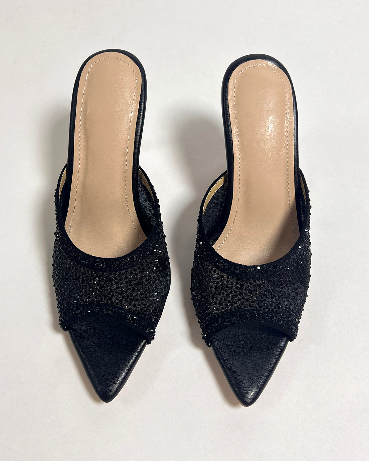 Black mesh rhinestone pointed toe slides slippers for women