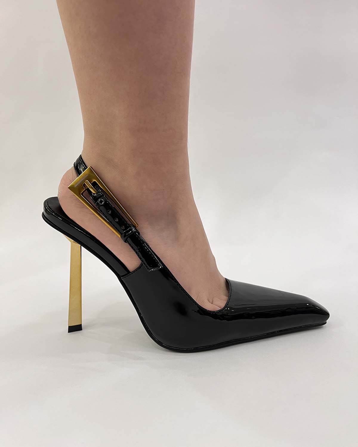Patent leather pointed toe slingback metal heels pumps