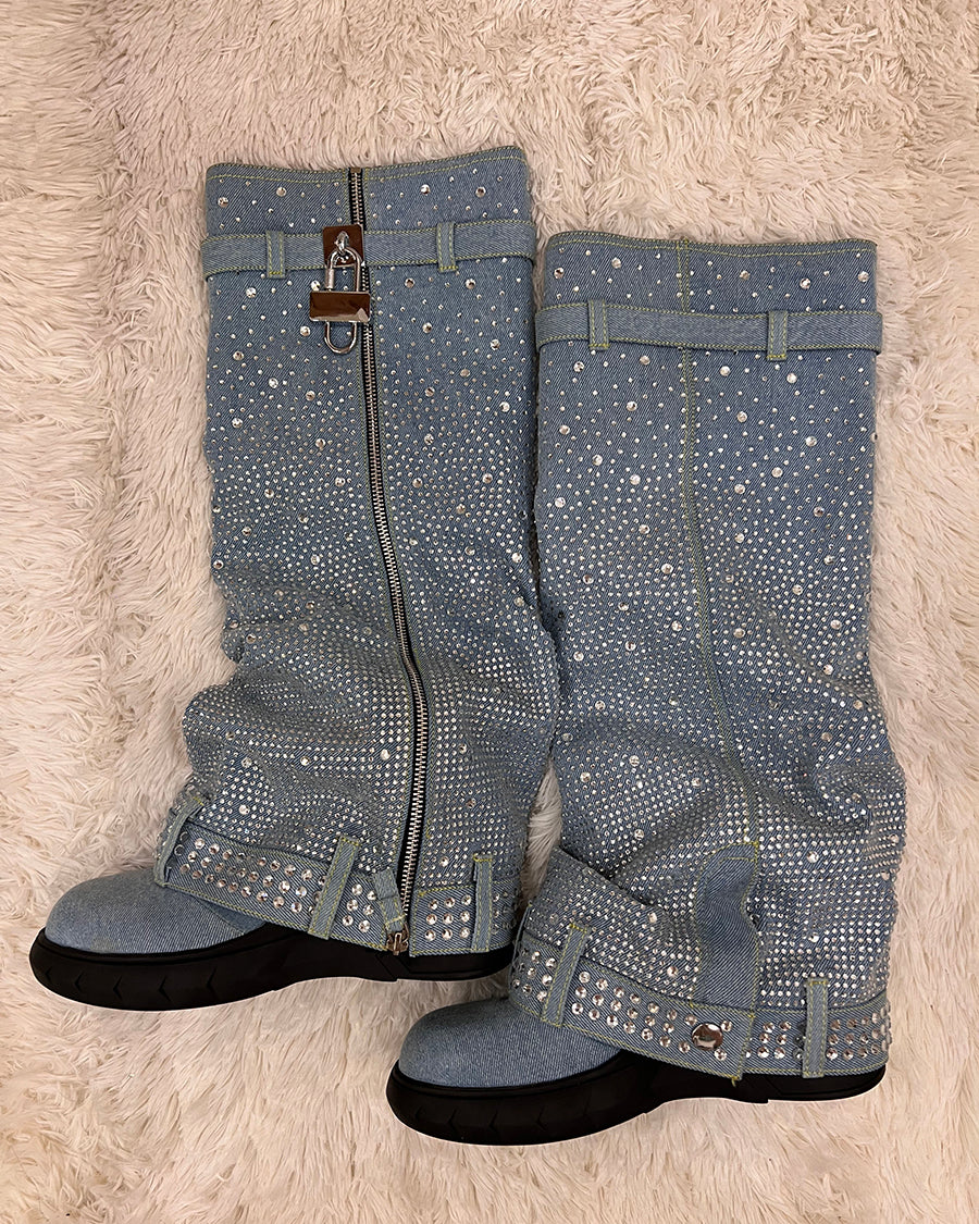 Rhinestone denim pants knee high sneaker boots